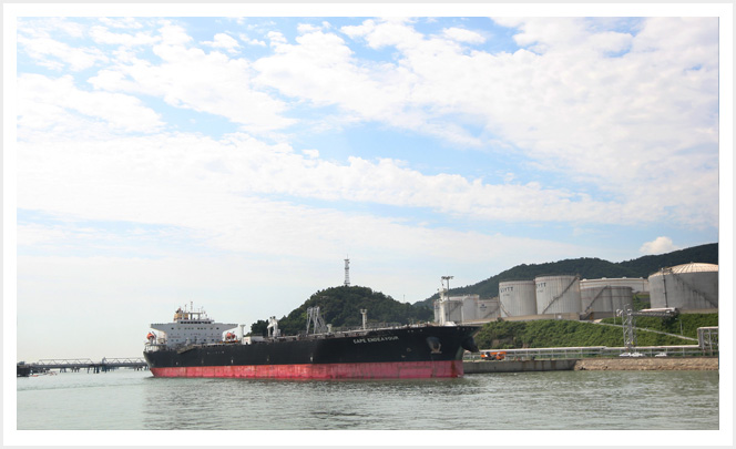 사포1부두 앞으로 거대한 선박 한채가 정박해 있는 모습