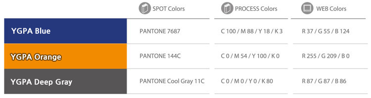 전용색상 메인칼러 BLUE - spot colors(PANTONE 7687) prcess colors(C 100/M 88/Y 18/K 3) web colors(R 37/G 55/ B 124), ORANGE - spot colors(PANTONE 144c) prcess colors(C 0/M 54/Y 100/K 0) web colors(R 255/G 209/ B 0), ORANGE - spot colors(PANTONE Cool Gray 11c) prcess colors(C 0/M 0/Y 0/K 80) web colors(R 87/G 87/ B 86)