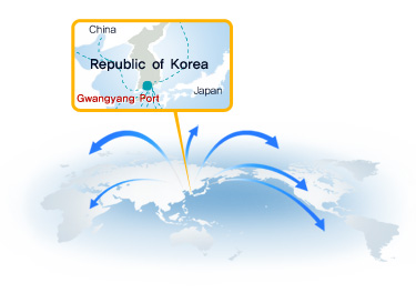 세계 각 지역 항만과 연결된 한국의 광양항의 항로에 대한 이미지 입니다.